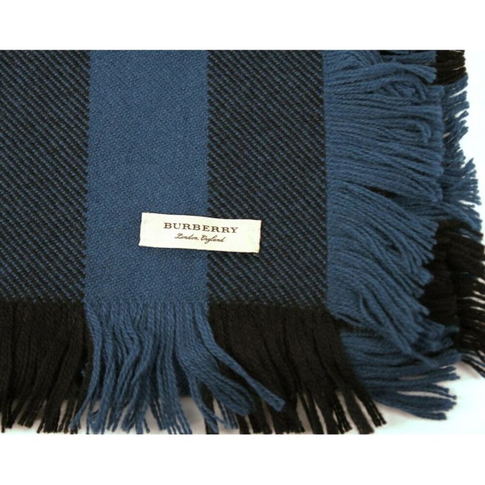 Burberry Women's Blue / Black Wool Fashion Scarf With Fringe And Pink Stripe - Picture 5 of 7